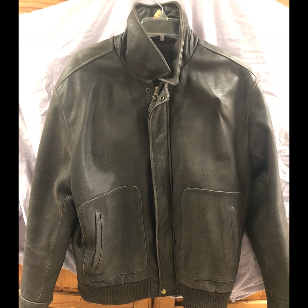 A dark brown leather coat